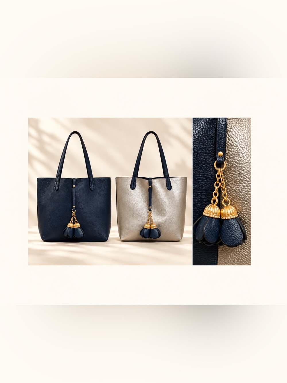 Women’s Navy and Metallic Reversible Tote Bag with Tassel Charm